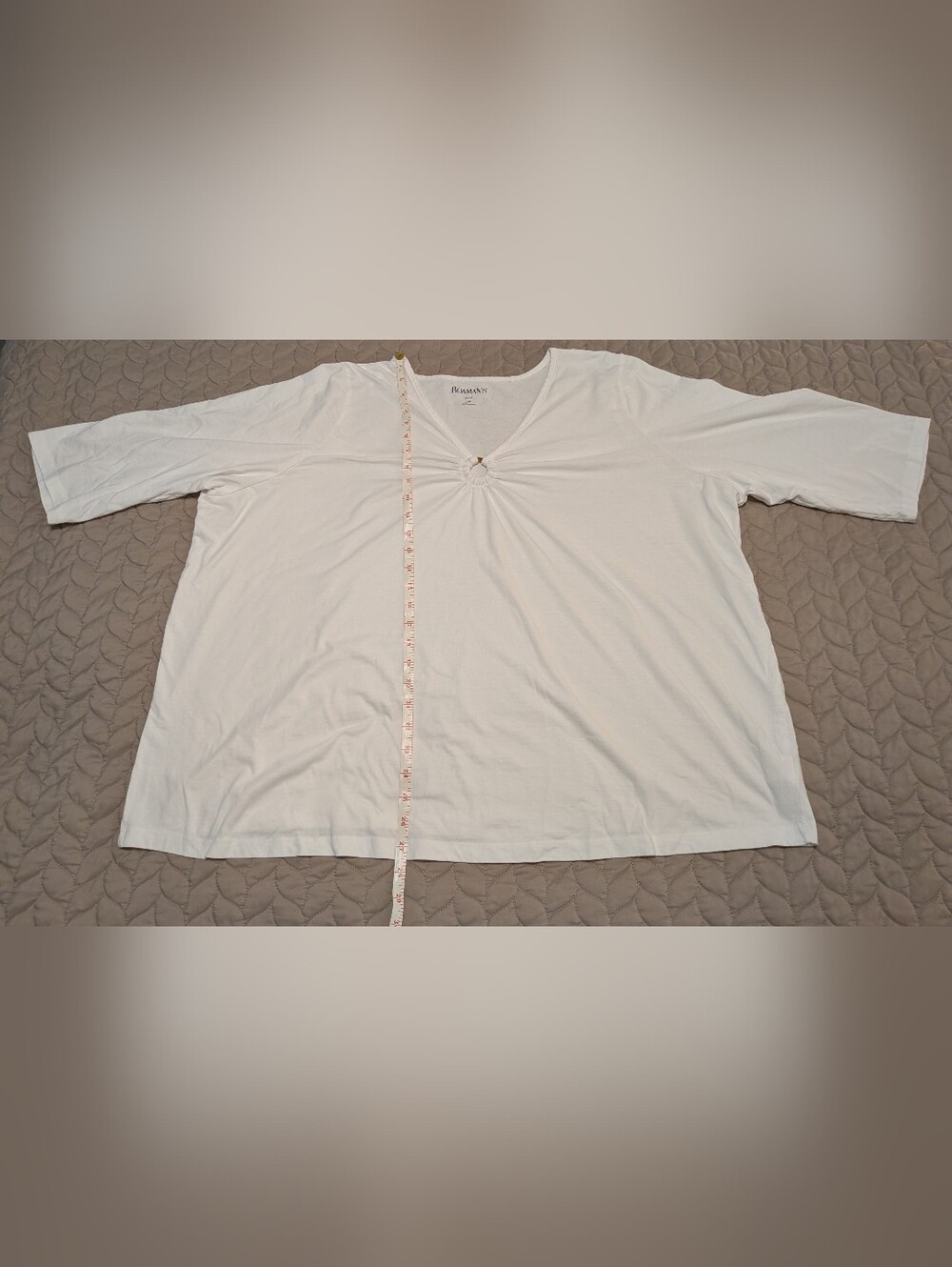 Roaman's White V-Neck Accent Front 3/4 Sleeve Top